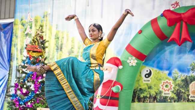 Amutha Kandasamy from Hridayam dance school performs the Bharathanatyum a classical South Indian dance. Pure Land Learning College Christmas party. Picture: Nev Madsen. Saturday 14th Dec, 2019