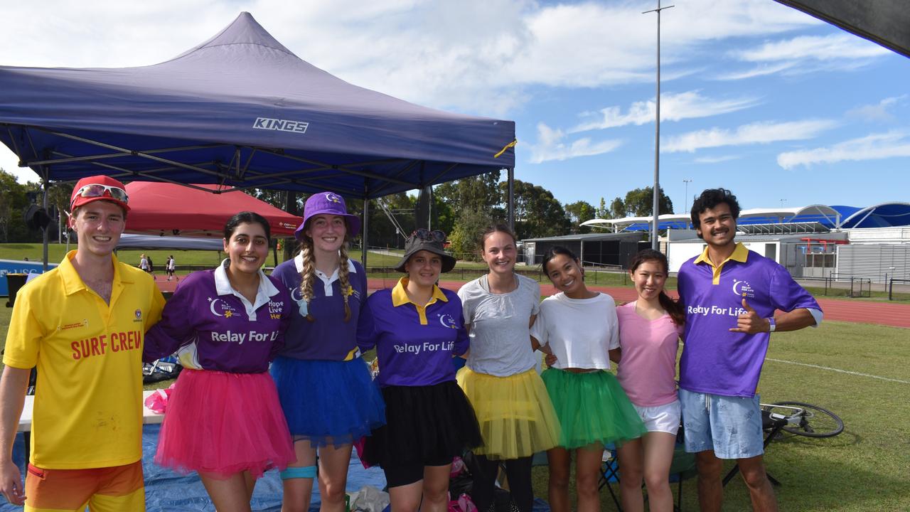 Jayden Barretts, Sehaj Kochhar, Shannon White, Renee Crisafulli, Penny Casson, Elly Yeow and Melanie Qin Wahaha at the Sunshine Coast Relay for Life 2022.