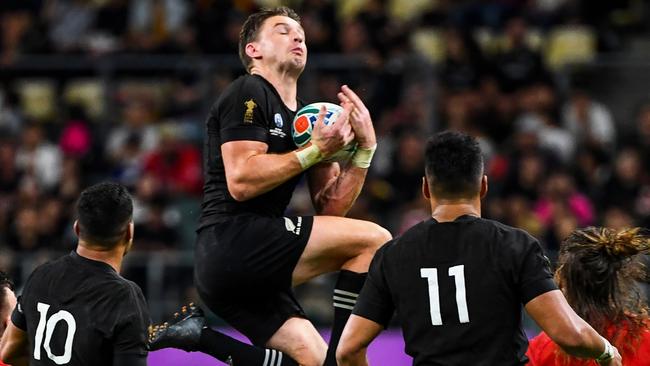 Beauden Barrett takes a high balll. Picture: AFP