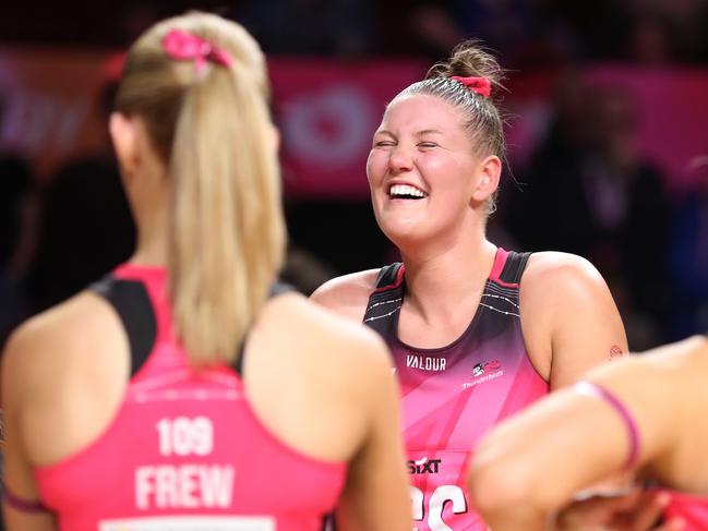 Lucy Austin enjoys a win with her Adelaide Thunderbirds teammates. Picture: Maya Thompson/Getty Images