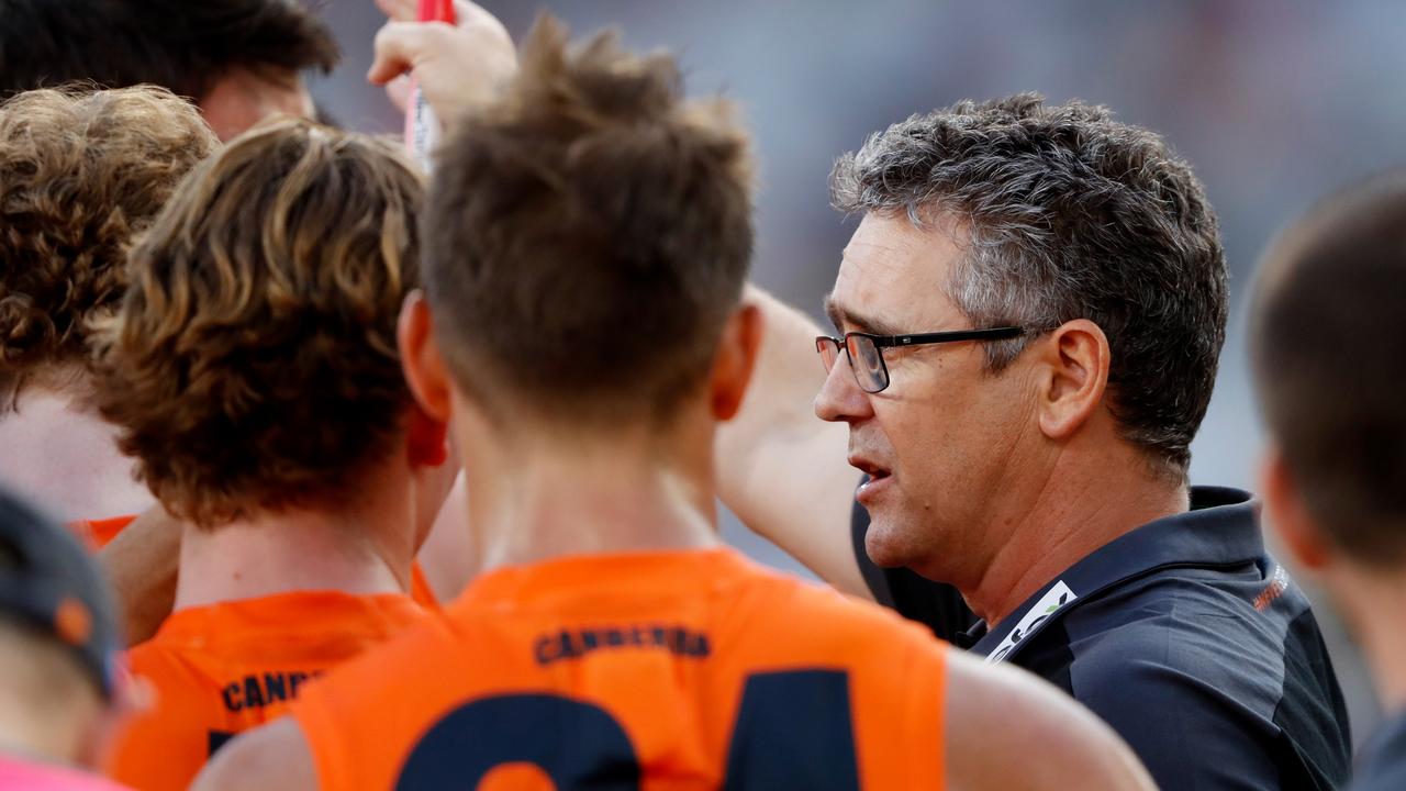 Leon Cameron addresses his players at the MCG in Round 2. Picture: Dylan BurnsAFL Photos