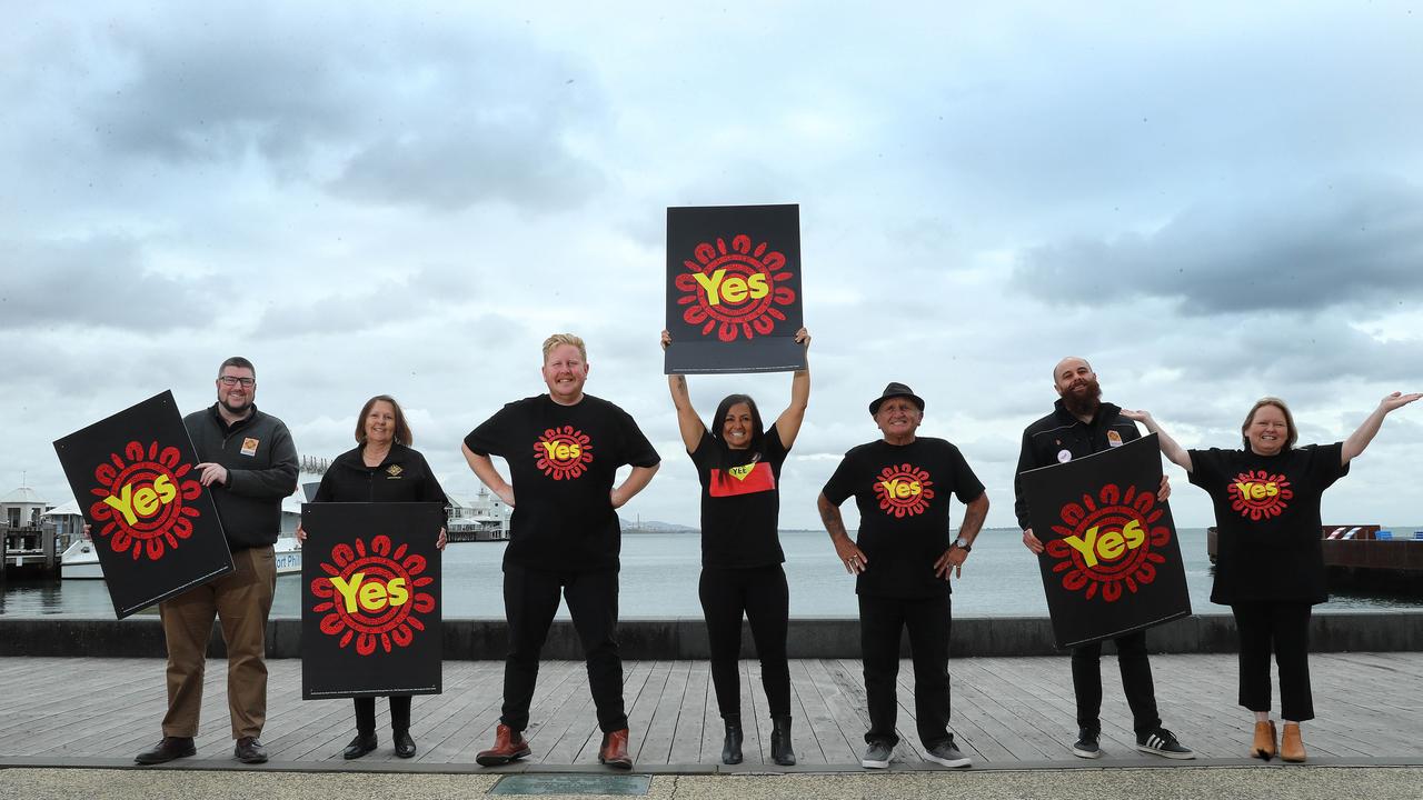 Endorsing the yes vote from left; Liam Murphy (Wadawurrung CEO), Aunty Mary Shuttleworth, Greg Robinson (Wadawurrung co-chair) Corrina Eccles, Uncle Norm Eccles, Koby Phillips and Raylene Morrison