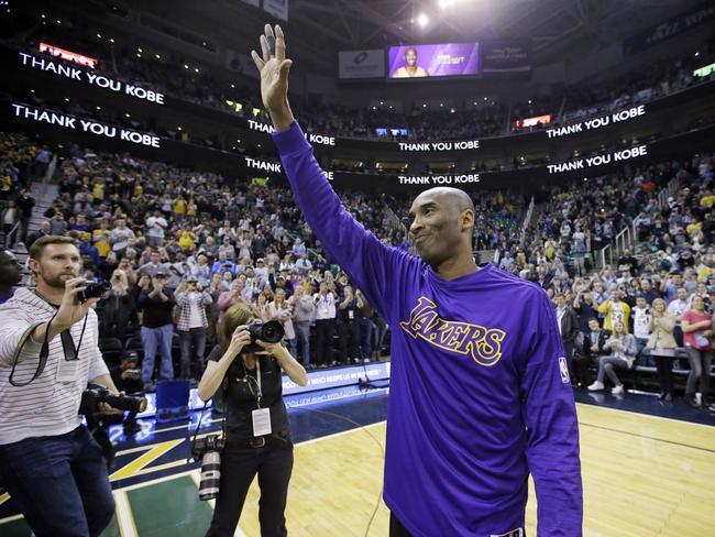 Los Angeles Lakers forward Kobe Bryant waves to the fans after his introduction before the start of the first quarter of an NBA basketball game against the Utah Jazz, in Salt Lake City on March 28, 2016. Picture: AP