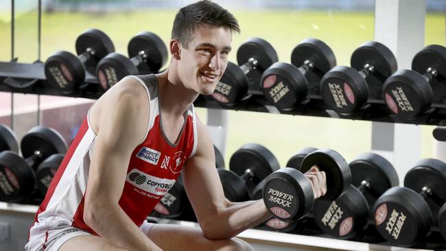 North Adelaide AFL Draft prospect Dyson Hilder, 18, in the gym at Prospect Oval. 20 November 2019. Picture Dean Martin