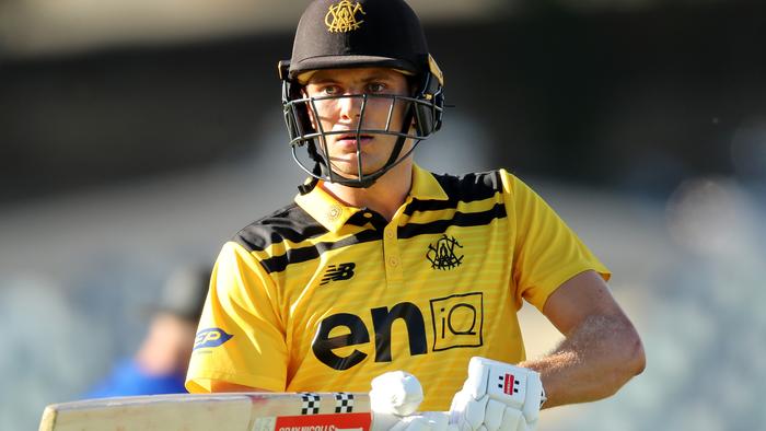 PERTH, AUSTRALIA - NOVEMBER 16: Aaron Hardie of Western Australia leaves the field after being dismissed Henry Hunt of South Australia during the Marsh One Day Cup match between Western Australia and South Australia at WACA, on November 16, 2022, in Perth, Australia. (Photo by Will Russell/Getty Images)