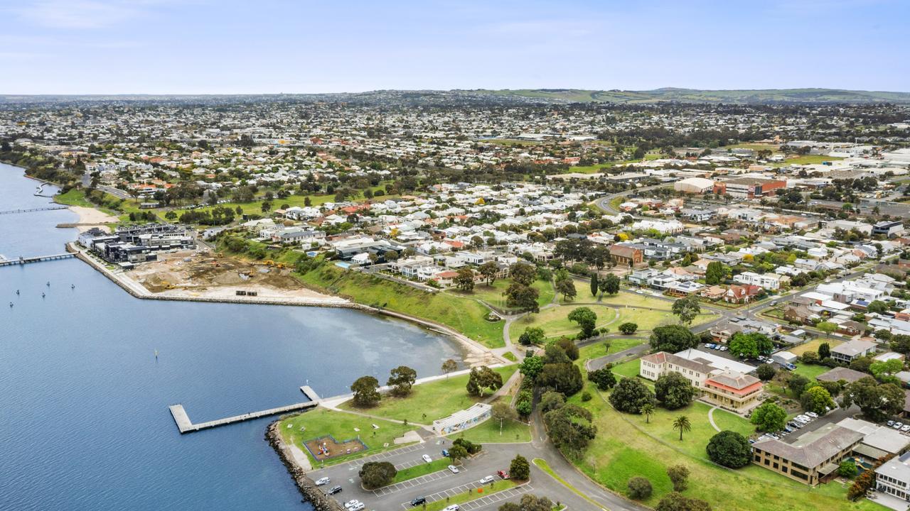 An aerial view of the residential development on the former North Geelong Presbyterian Church site at the end of Victoria St, Rippleside. The converted church and one of two two-storey townhouses are for sale. 66 Victoria St, Rippleside. 35 Balmoral Crescent, Rippleside.