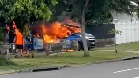 A tradie van has gone up in flames while parked outside a Stafford home. The fire rages as it ripped through the van which is understood to have been carrying gas bottles. Picture: Facebook/Craig Bridgland