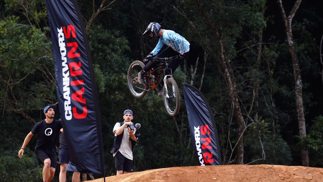 A mountain bike rider competes in the National Whipoff Championship on Day One of Crankworx Cairns. Picture: Brendan Radke