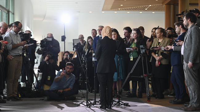 Senator Fatima Payman held a press conference at Parliament House in Canberra to announce her resignation. Picture: NewsWire / Martin Ollman