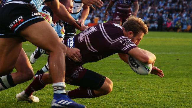 Brendan Elliot scores a try for the Sea Eagles. Picture: Getty Images