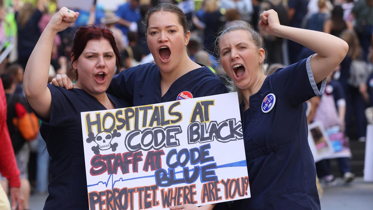 NSW Nurses Hayley Sargeson, Talei Williams and Stacey Pattman will soon be getting an interim 3 per cent pay rise. Picture: NewsWire / David Swift