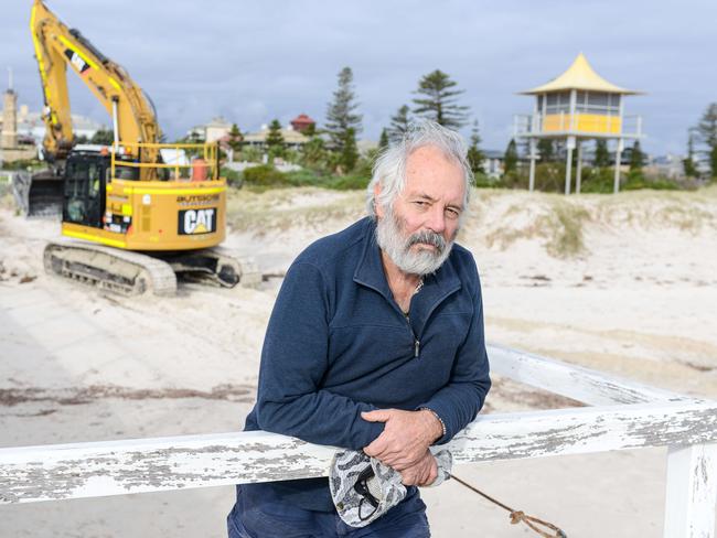 Port Adelaide Resident's Environment Protection Group secretary Tony Bazeley showing coastal erosion of the dunes at Semaphore, Friday June 11, 2021. Picture: Brenton Edwards