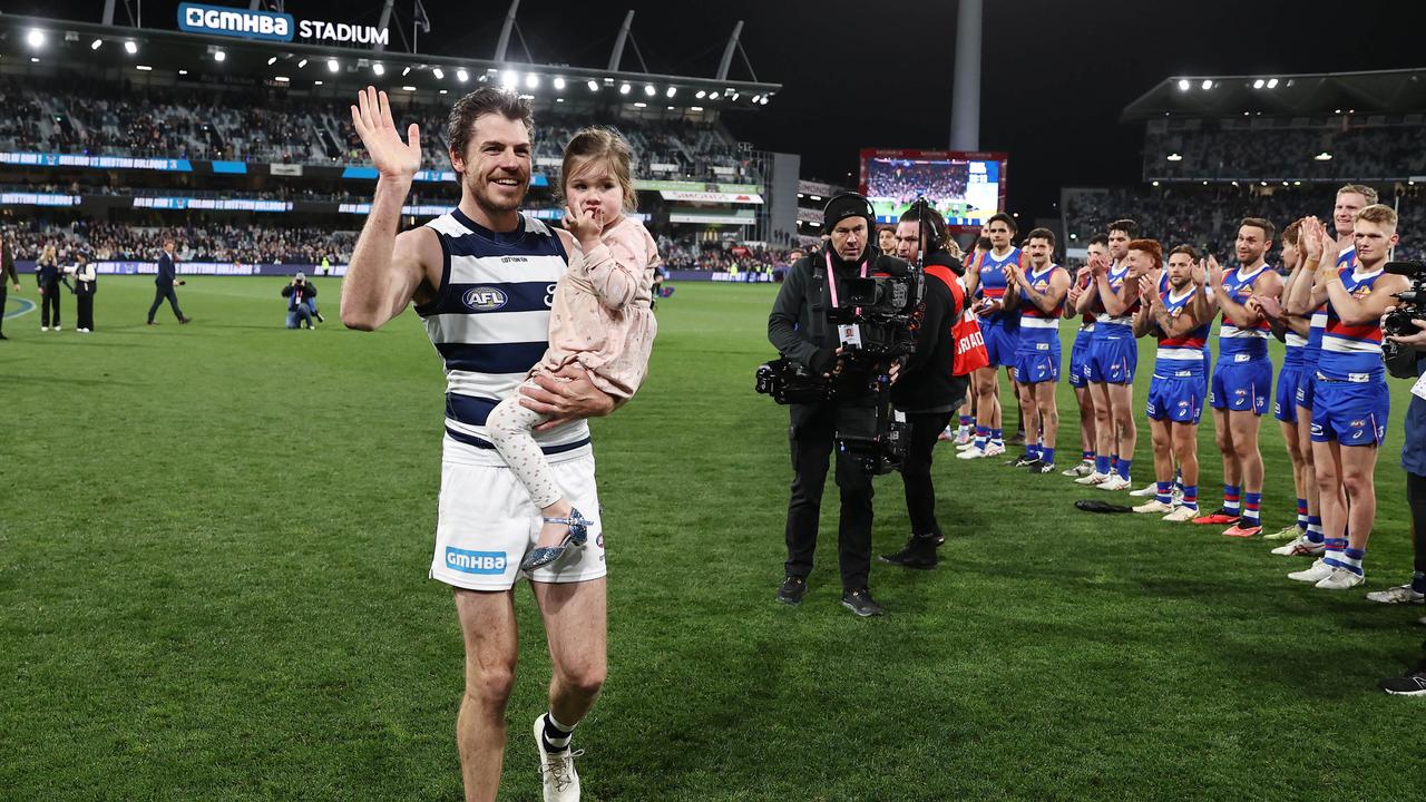 Isaac Smith is clapped off the ground after his final AFL game. Picture: Michael Klein