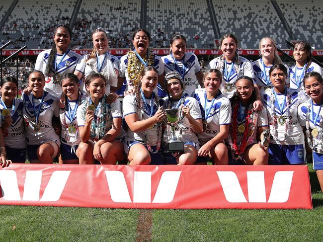 Lisa Fiaola Cup premiers Canterbury Bulldogs celebrate after their victory over Wests Tigers. Picture: Bryden Sharp