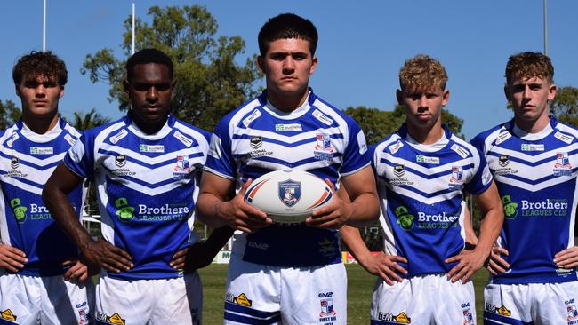 Ignatius Park College players ahead of the 2024 Confraternity carnival. Left to right: Lincoln Baker, Bruce Baudu, Sitiveni Afu, Khynaan Kennedy, Patrick Krause. Picture: Patrick Woods.