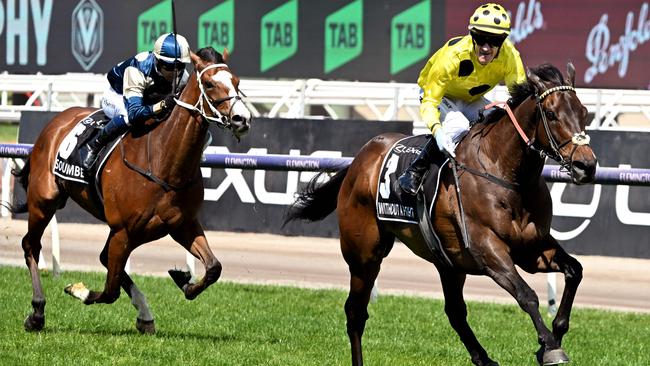 Joao Moreira riding Soulcombe into second in last year’s Melbourne Cup behind Without A Fight. Picture: AFP