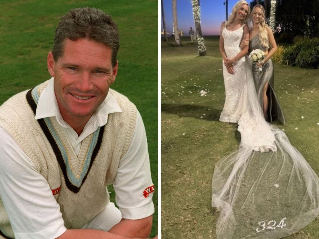 Dean Jones in his playing days and daughters Phoebe and Augusta with his playing number at the bottom of the wedding dress. Photos: Getty Images/Instagram