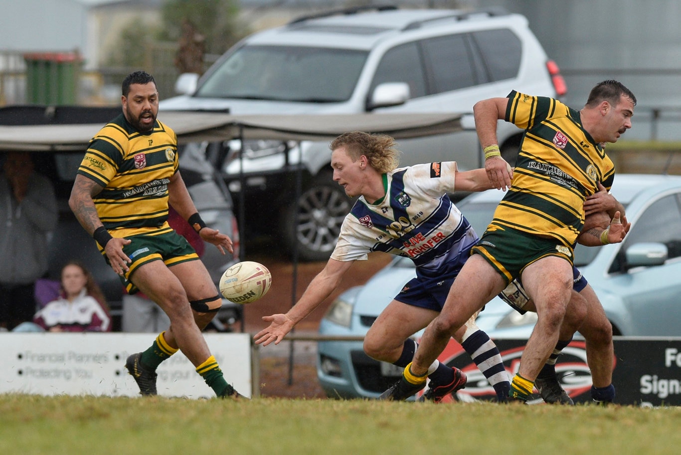 Wattles player Nathan Goulton (left) and Jaren Bender of Brothers look to gain possession in TRL Premiership round nine rugby league at Glenholme Park, Sunday, June 2, 2019. Picture: Kevin Farmer