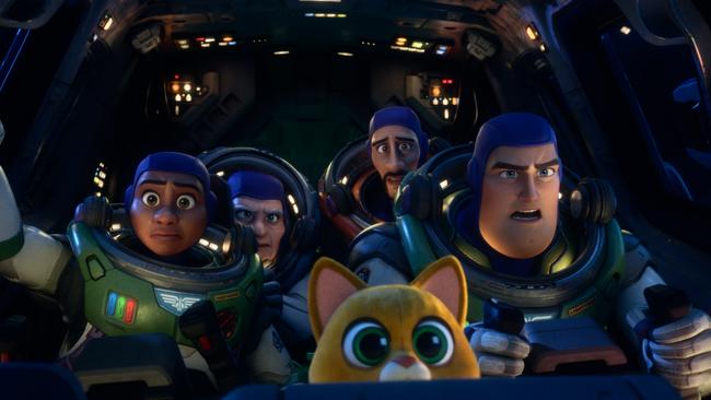 Buzz Lightyear and his crew of novice Space Rangers, including Mo, voiced by Taika Waititi, back right.