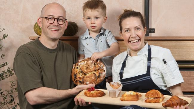 Rik and Alex-Andrea Fisher with their two-year-old son Ash at 30 Acres Norwood. Picture: Emma Brasier