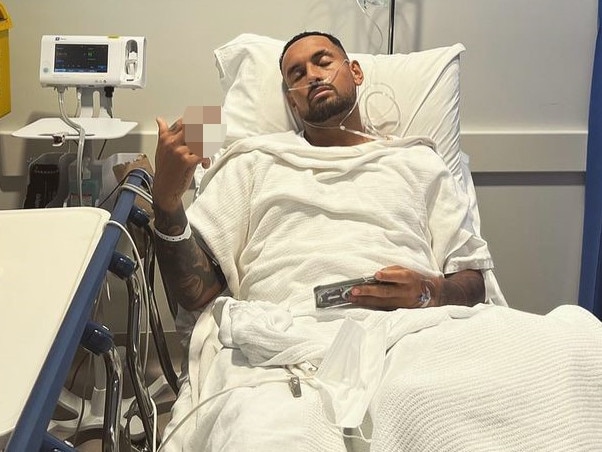 Nick Kyrgios has shared an update from hospital following knee surgery on Monday. Picture: Instagram