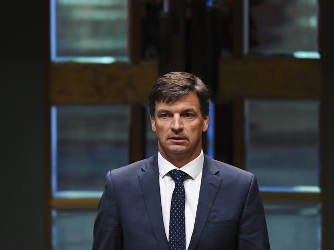 Australian Energy Minister Angus Taylor reacts during House of Representatives Question Time at Parliament House in Canberra, Tuesday, July 30, 2019. (AAP Image/Lukas Coch) NO ARCHIVING