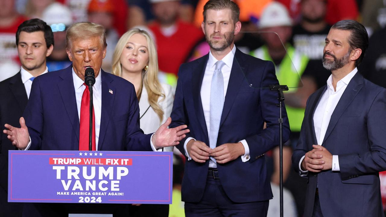 Donald Trump on stage, during the campaign, with his children Tiffany, Eric and Don Jr (also Tiffany’s husband, who is not very relevant). Picture: Charly Triballeau/AFP