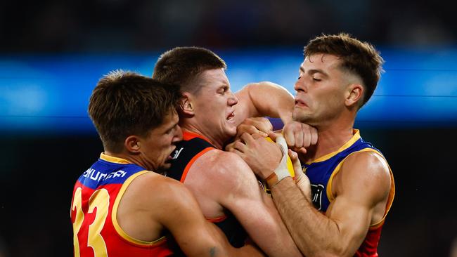 The match got testy at times, with flare-ups across the ground throughout the night. (Photo by Dylan Burns/AFL Photos via Getty Images)