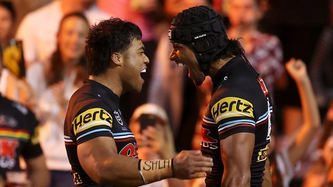 Brian To’o and Stephen Crichton of the Panthers. Picture: Getty Images