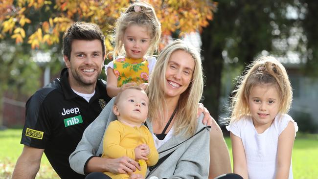 Richmond captain Trent Cotchin with his wife Brooke and their three children Harper, Mackenzie and Parker. Picture: Alex Coppel