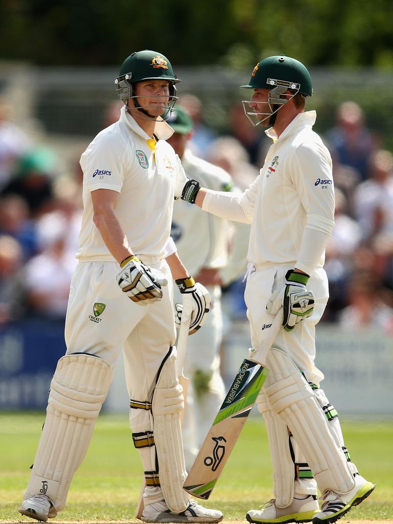 Steve Smith and Phillip Hughes during a tour match in England in 2013. Picture: Ryan Pierse/Getty Images)