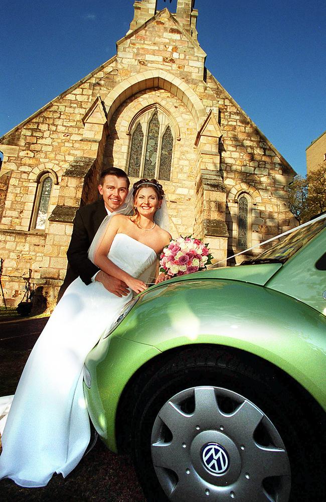 Scott Smith and Rachelle St-Ledger married at St Mary's Anglican Church Kangaroo Point Brisbane in 2001. Picture: Derek Moore