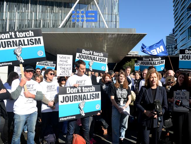 Nine Newspapers employees and freelancers as they join together outside the company office to strike for fairer pay. Picture: Andrew Henshaw