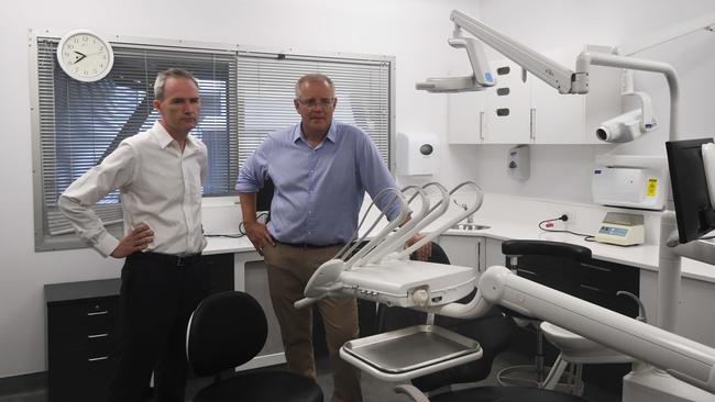 Mr Morrison and Australian Immigration Minister David Coleman in the medical facilities at the North West Point Detention Centre. Picture: AAP Image/Lukas Coch