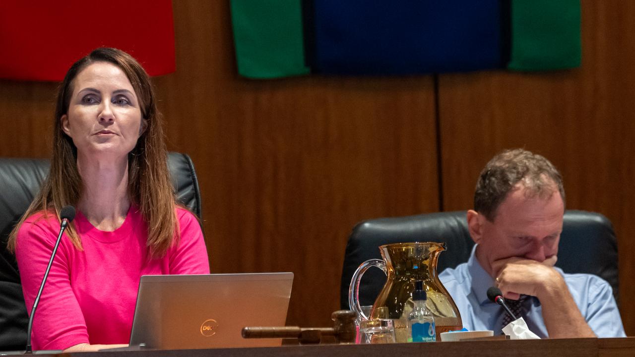 Cairns Regional Council Mayor Amy Eden and CEO John Andrejic during an ordinary Council meeting held on June 5, 2024. Picture Emily Barker.