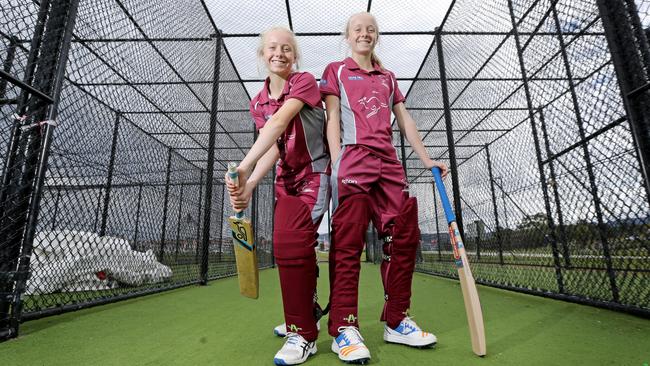 Twins Maddison and Taylor Brooks, 14, made their first grade cricket debuts for Clarence in the women's Kookaburra Cup. Picture: PATRICK GEE