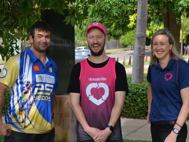 Townsville Running Festival event director Joel Savage, heart transplant recipient Jack Melberzs and donation medical specialist for Donate Life Melita Trout. Picture: Nikita McGuire