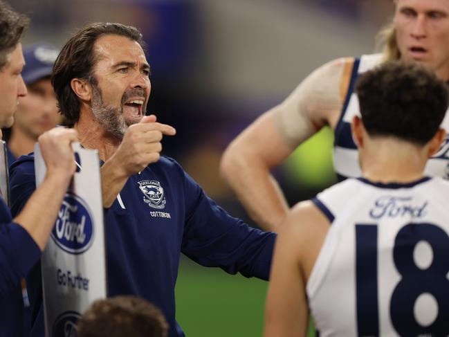 PERTH, AUSTRALIA - JUNE 01: Chris Scott, Senior Coach of the Cats during the 2025 AFL Round 12 match between the West Coast Eagles and the Geelong Cats at Optus Stadium on June 1, 2025 in Perth, Australia. (Photo by Janelle St Pierre/AFL Photos via Getty Images)