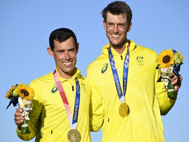 Mat Belcher and Will Ryan after winning the two-man 470 gold medal. Picture: AFP