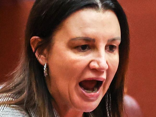 CANBERRA, AUSTRALIA - SEPTEMBER 3: Senator Jacqui Lambie reacts as she speaks in the Australian Senate at Parliament House on September 3, 2020 in Canberra, Australia. The federal aged care royal commission has criticised the Morrison government for failing to establish independent monitoring and reporting of aged care quality outcomes during the coronavirus pandemic.  (Photo by David Gray/Getty Images)