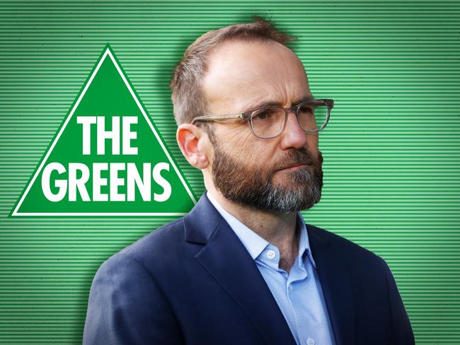 17 July 2024; Photo comp of Adam Bandt with The Greens logo behind him. Collage by Frank Ling. Ratio 4:3.