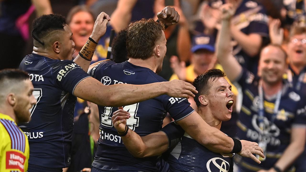 Data shows that the 2023 season is one of the tightest on record, with plenty of games coming down to last-gasp moments like Scott Drinkwater’s try in golden point against Penrith. Picture: Ian Hitchcock/Getty Images