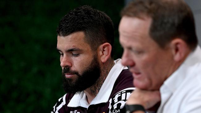 Broncos coach Kevin Walters (right) and Adam Reynolds. Picture: Bradley Kanaris/Getty Images