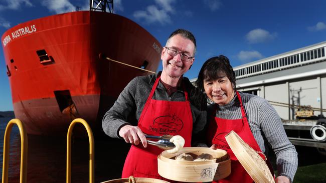 Dave and Cassandra Rolph of Deep End Farm at Geeveston with their Taiwanese steamed buns Bao Zi. Picture: NIKKI DAVIS-JONES