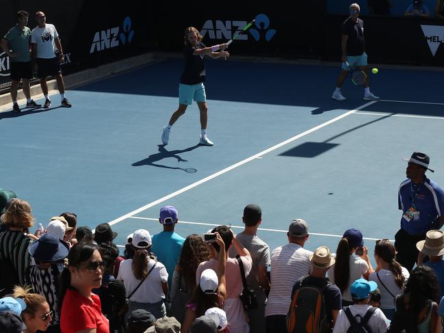 Melbourne has a new hero with Greek star Stefanos Tsitsipas drawing good numbers to his practice session. Picture: AAP