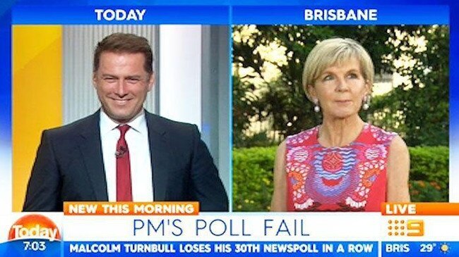 Karl Stefanovic challenges Foreign Minister Julie Bishop about her pronunciation of ‘backbencher’. Footage: Channel 9