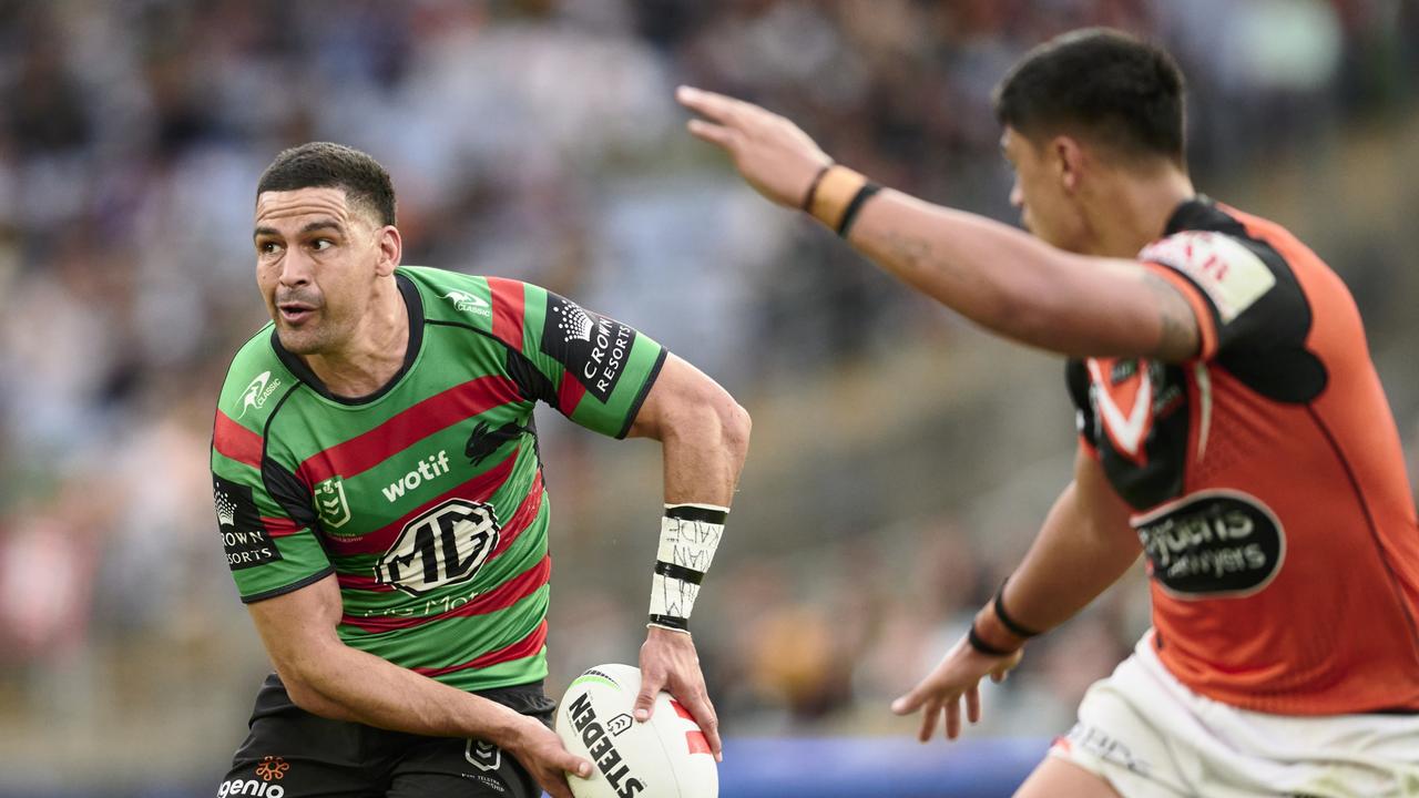 SYDNEY, AUSTRALIA – MAY 13: Cody Walker of the Rabbitohs runs the ball during the round 11 NRL match between South Sydney Rabbitohs and Wests Tigers at Accor Stadium on May 13, 2023 in Sydney, Australia. (Photo by Brett Hemmings/Getty Images)