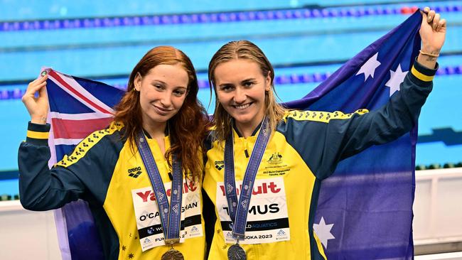 Olympic champion Ariarne Titmus is a fast finisher, but was powerless to stop her team mate O'Callaghan from taking the gold. Picture: AFP.