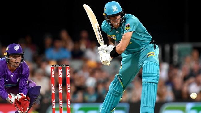 BRISBANE, AUSTRALIA - DECEMBER 27: James Bazley of the Heat plays a shot during the Big Bash League match between the Brisbane Heat and the Hobart Hurricanes at The Gabba, on December 27, 2020, in Brisbane, Australia. (Photo by Bradley Kanaris/Getty Images)