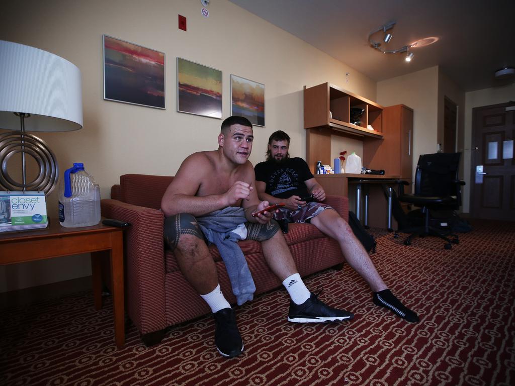 A day in the life of heavyweight UFC fighter Tai Tuivasa before he fights in UFC 225 in Chicago. Tai pictured on the couch in his room with training mates. Where Tuivasa goes, his friends and family follow. A host of brothers and mates have joined him in Chicago for fight week. Picture: Sam Ruttyn